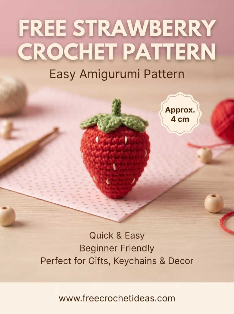 Step-by-step stages of crocheting a small strawberry amigurumi, from the beginning of the red crochet body to the stuffed strawberry and finished green calyx.